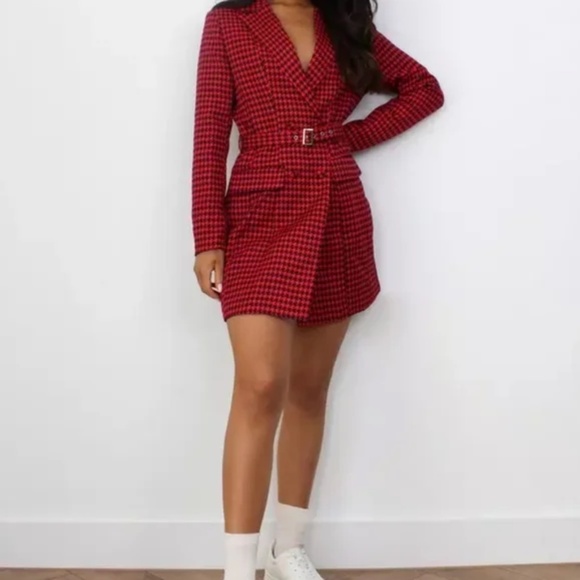 NWT Misguided Belted Blazer Dress Houndstooth Red - Picture 3 of 5